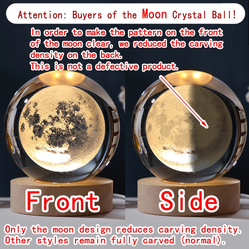 Veilleuse Boule de Cristal 3D Gravée Laser — Planètes, Lune, Galaxie, Base Bois, USB | CLEVI Paris