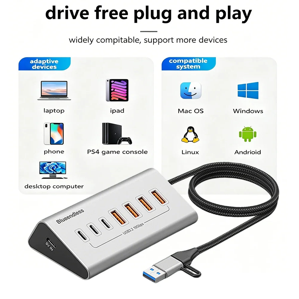 Hub USB 7-en-1 Kebidumei USB 3.0 3.2 Gen2 10Gbps Aluminium PC Laptop – CLEVI Paris