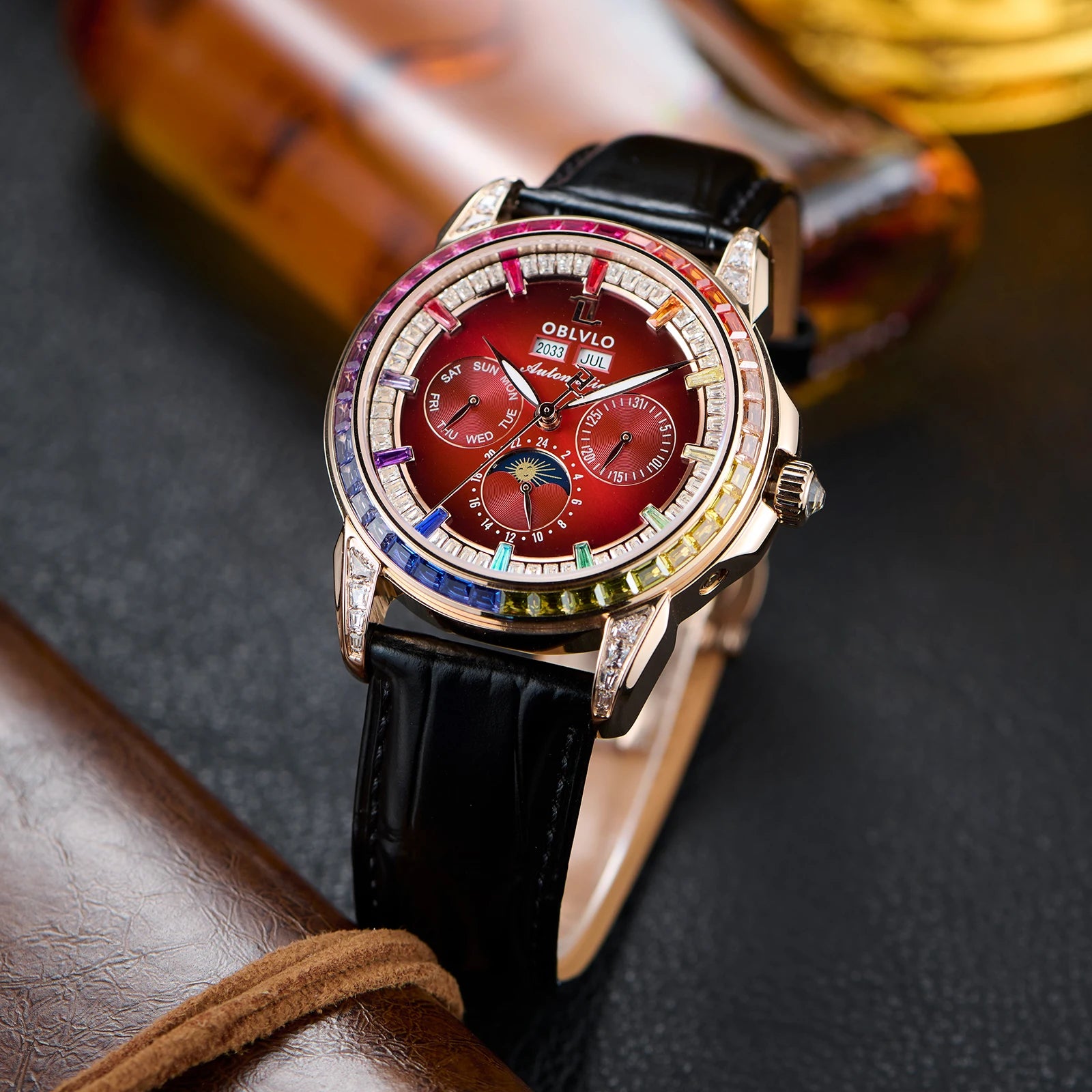 Montre Automatique Phase de Lune | Zircon Multicolore Bracelet Cuir – CLEVI Paris