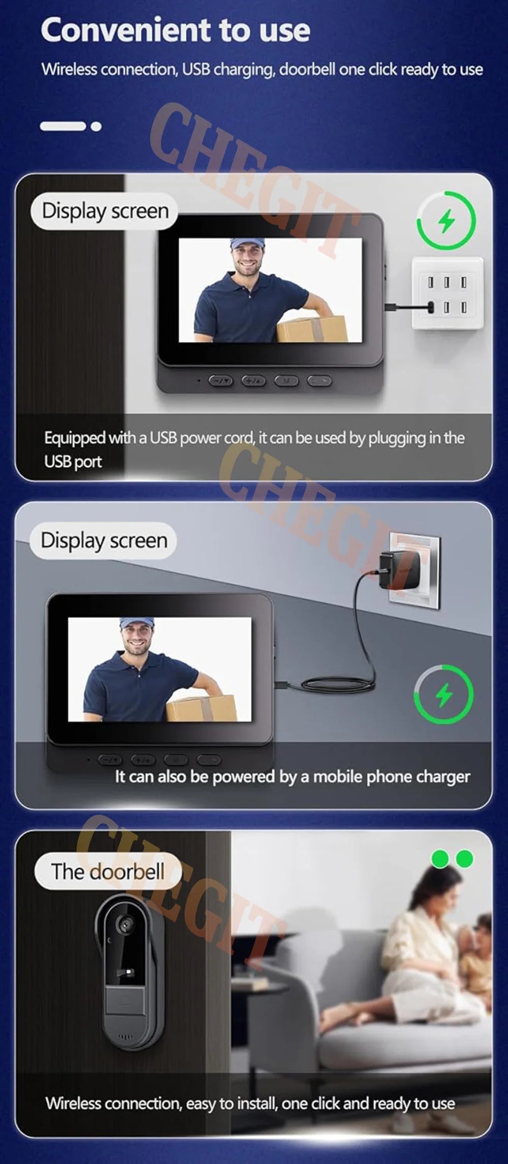Sonnette Vidéo Sans Fil Écran IPS 4,3" – 1080P Vision Nocturne IP65 – CLEVI Paris