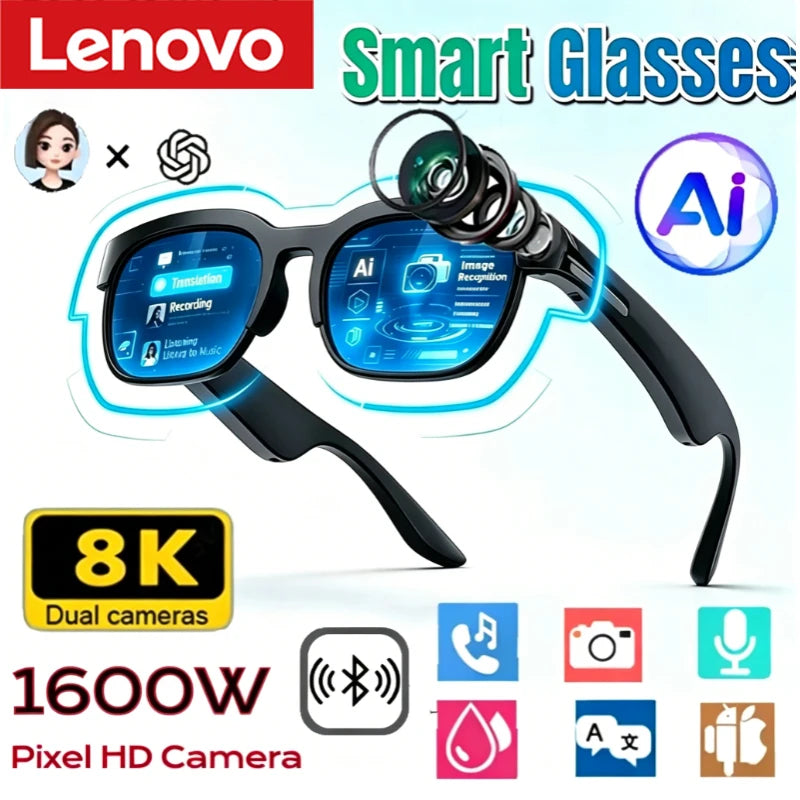 Lunettes Connectées Lenovo 2026 IA – Bluetooth 5.0 Traduction Temps Réel Enregistrement Musique Appels Unisexe – CLEVI Paris
