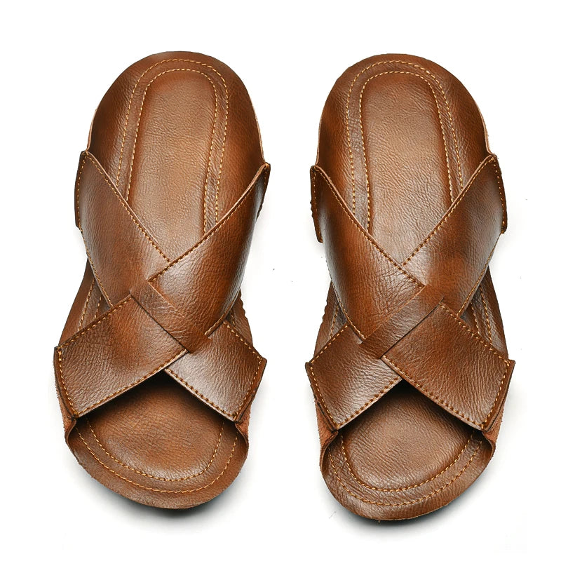 Sandales Homme Été – Cuir Fendu Plissé, Open-Toe, Slides Plage & Outdoor | Marron ou Noir