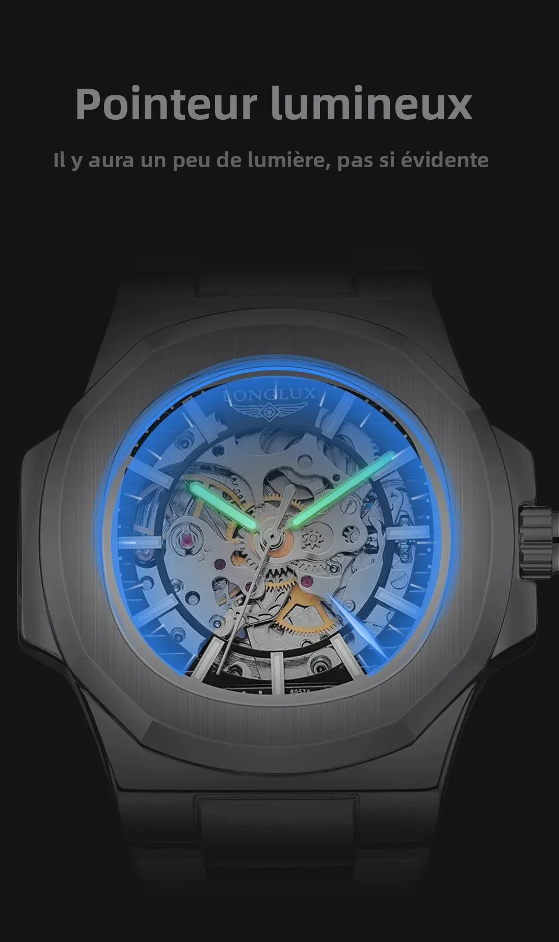 LONGLUX 8057G Montre Homme Automatique Squelette Bracelet Acier Inox Verre Hardlex 3 ATM Luxe 7 Coloris – CLEVI Paris