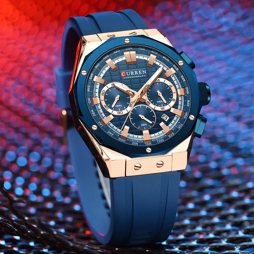 Montre Quartz Homme CURREN 8464 – Chronographe Lumineux, Silicone & Écrin | 10 Coloris