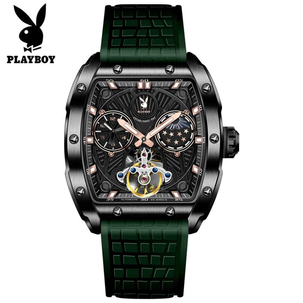 PLAYBOY Montre Automatique Homme Tonneau Flywheel Phase de Lune Lumineux – CLEVI Paris