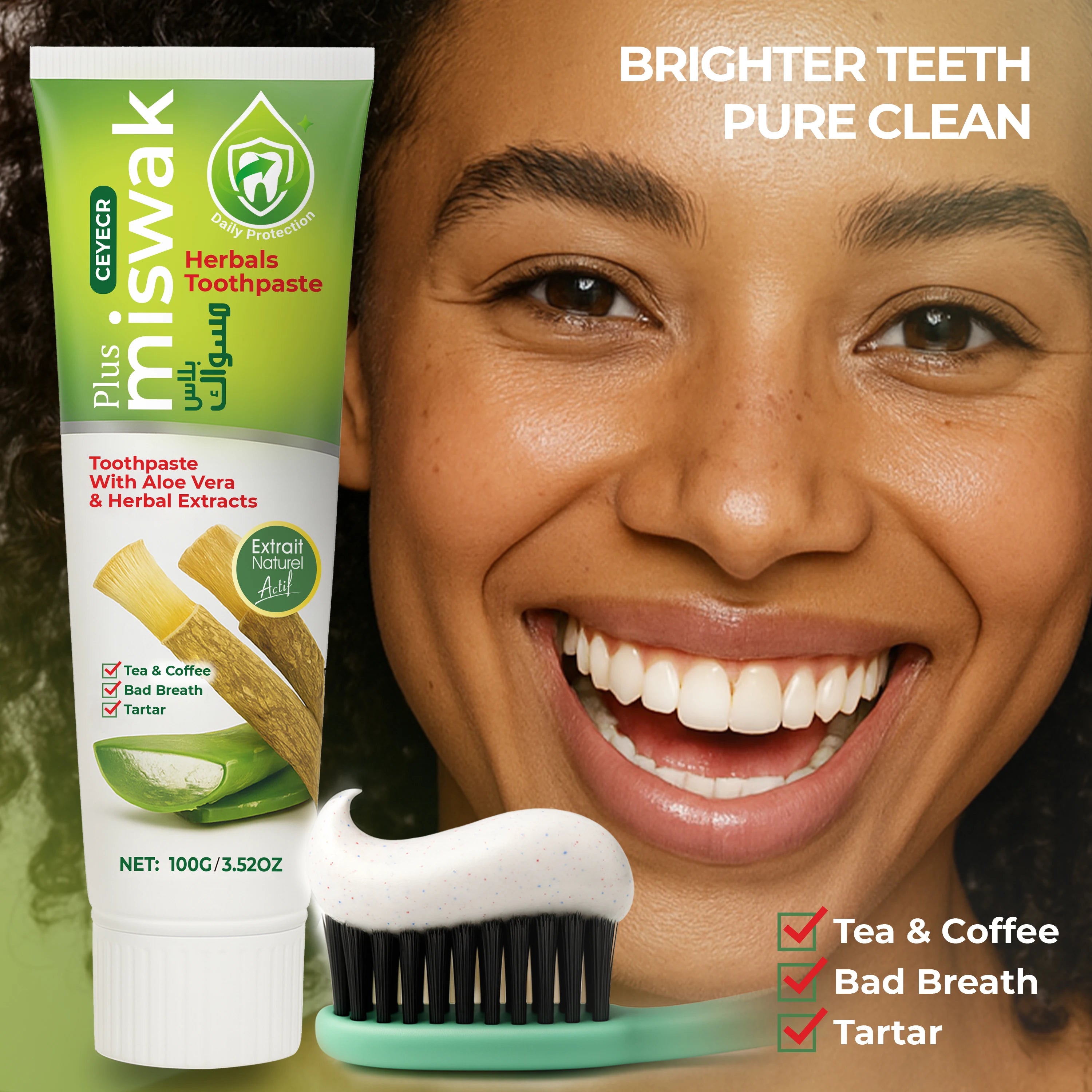 Dentifrice Herbal Miswak Ceyecr – Nettoyage Profond, Anti-Taches & Soin Gencives – CLEVI Paris