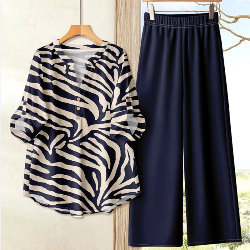 Ensemble 2 Pièces Femme Top Imprimé Manches Longues & Pantalon Large Casual – CLEVI Paris