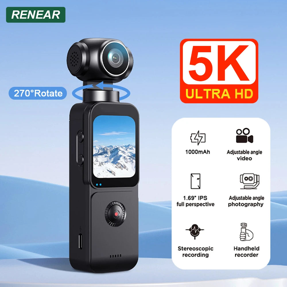 Caméra d'Action 5K – Écran Tactile 1,69" Objectif 270° Capteur Sony 18MP WiFi EIS Micro Ext. Vlog Sport – CLEVI Paris