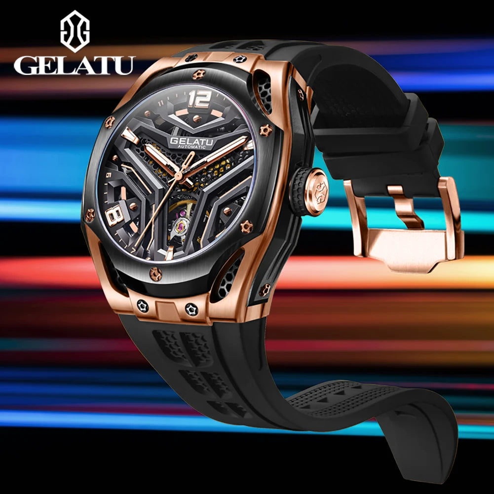 GELATU Montre Automatique Homme Squelette Tonneau Saphir Silicone Étanche 5ATM – CLEVI Paris