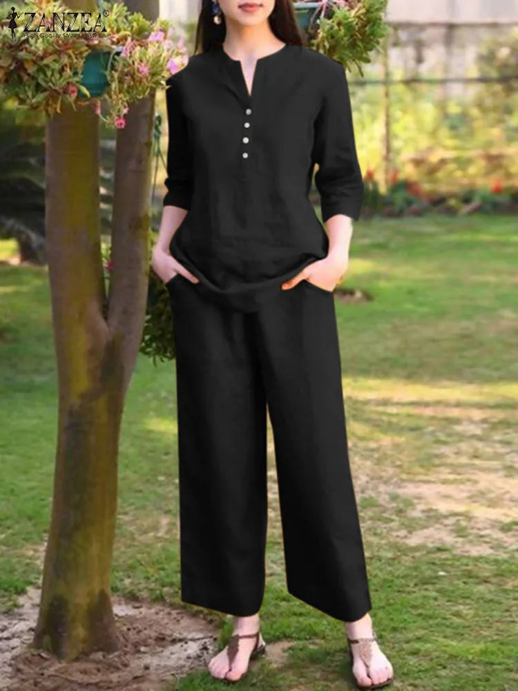 Ensemble 2 Pièces Femme Blouse Col V Manches 3/4 + Pantalon Large Taille Haute Casual Chic – CLEVI Paris