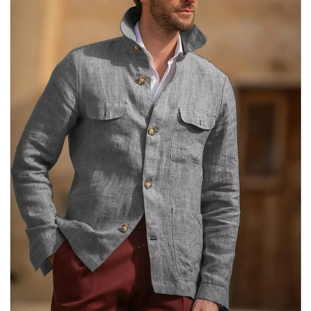 Veste Safari Lin Homme Col Montant – CLEVI Paris