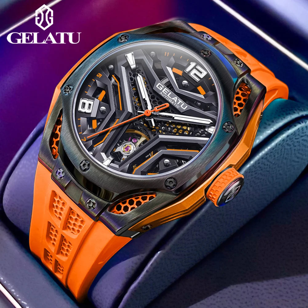 Montre Mécanique Homme GELATU 6007 – Squelette Automatique, Saphir & Bracelet Silicone Sport