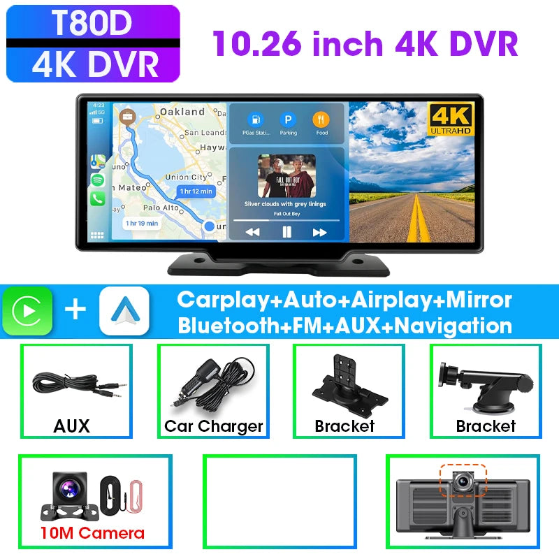 Écran CarPlay Android Auto Sans Fil 7"/10,26" – Dashcam 4K Double Objectif GPS WiFi 5G Caméra Recul – CLEVI Paris