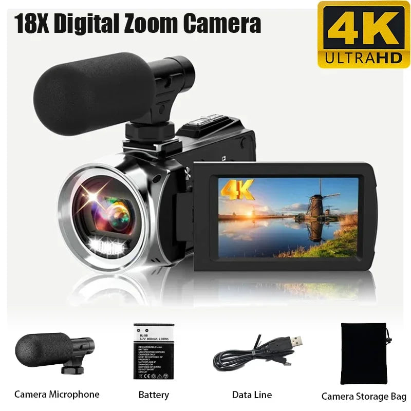 Caméscope AEVYVKV 4K 48MP – Stabilisation EIS, Zoom 18x, Micro Intégré, Portable, Idéal Débutants & Étudiants – CLEVI Paris