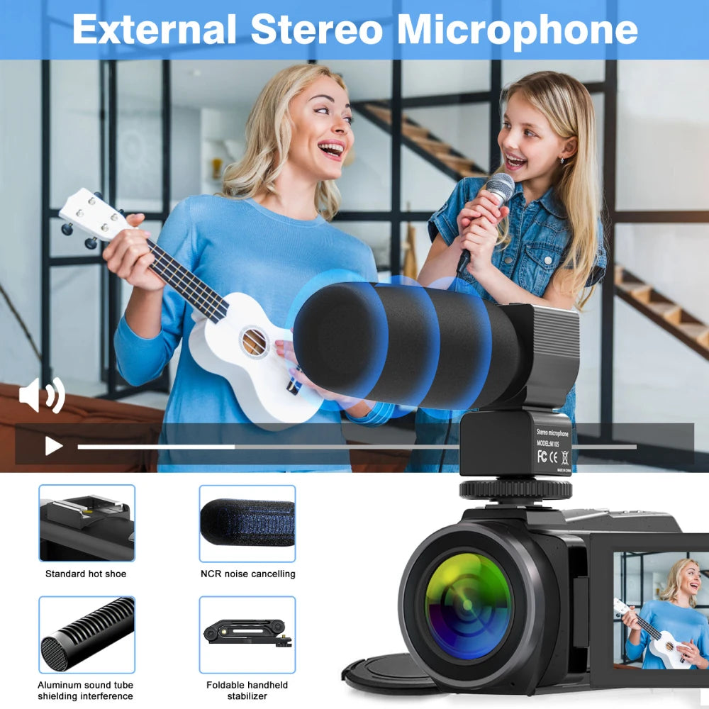 Caméscope MELCAM 4K 60fps 48MP – Vision Nocturne IR, WiFi, Écran Tactile 270°, Stabilisateur, Micro, Télécommande 2,4G – CLEVI Paris