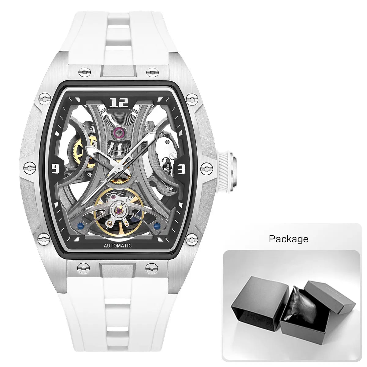 MEGIR Montre Automatique Homme Squelette Transparent Tonneau Acier Silicone Sport – CLEVI Paris