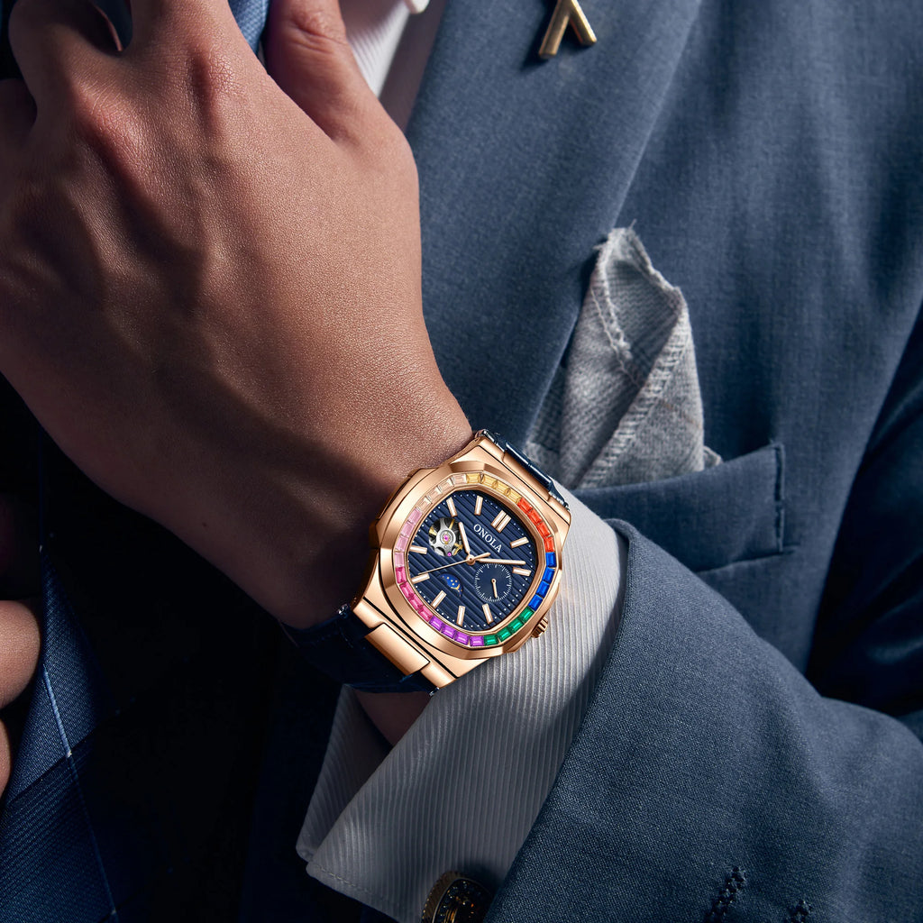 Montre ONOLA ON3855CH – Mécanique Automatique Squelette, Diamants, Bracelet Cuir, Étanche 3 ATM – CLEVI Paris
