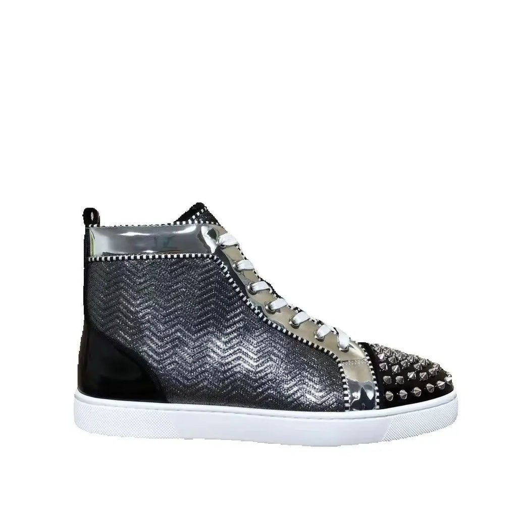 Sneakers Montantes Cuir Véritable Color Block Rivets Argentés Homme – Semelle Rouge, Lacets, Tailles 35-48 – CLEVI Paris