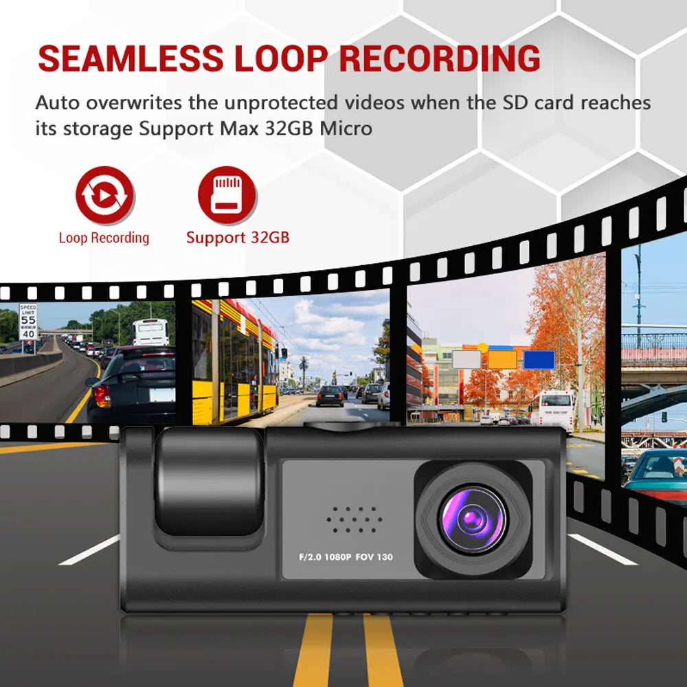 Dashcam 3 Objectifs 1080p – Écran IPS 2", Vision Nocturne IR, G-Sensor, Rétroviseur Intégré – CLEVI Paris