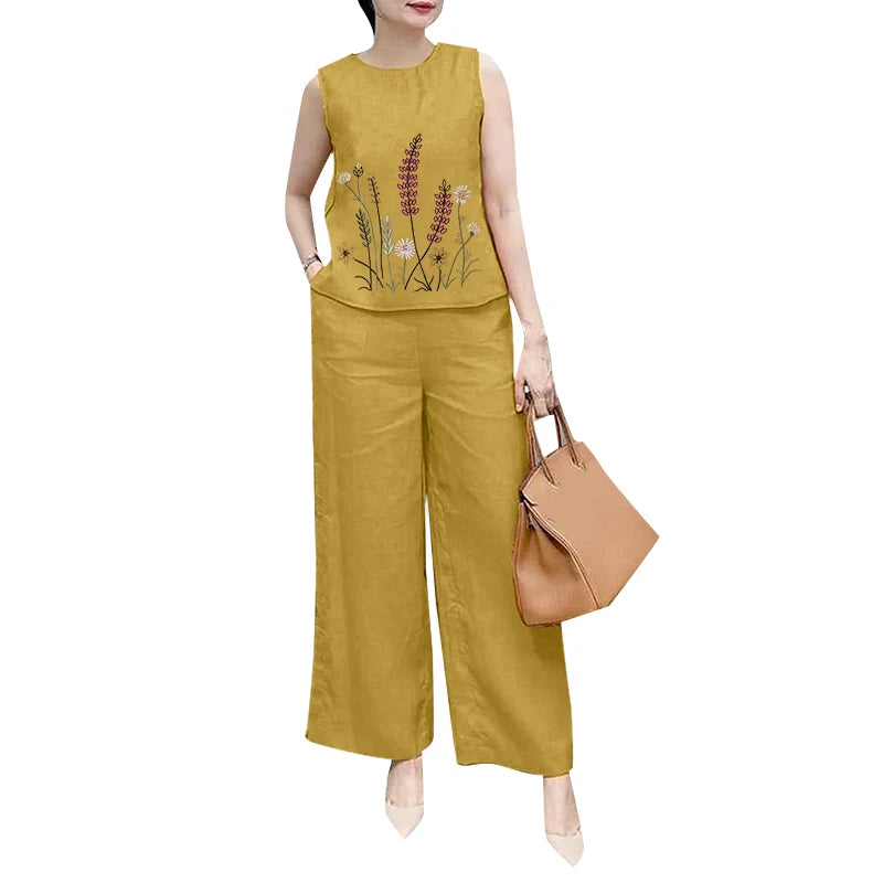 Ensemble 2 Pièces Femme Blouse Brodée Sans Manches Pantalon Jambe Large Style Bohème Été – CLEVI Paris