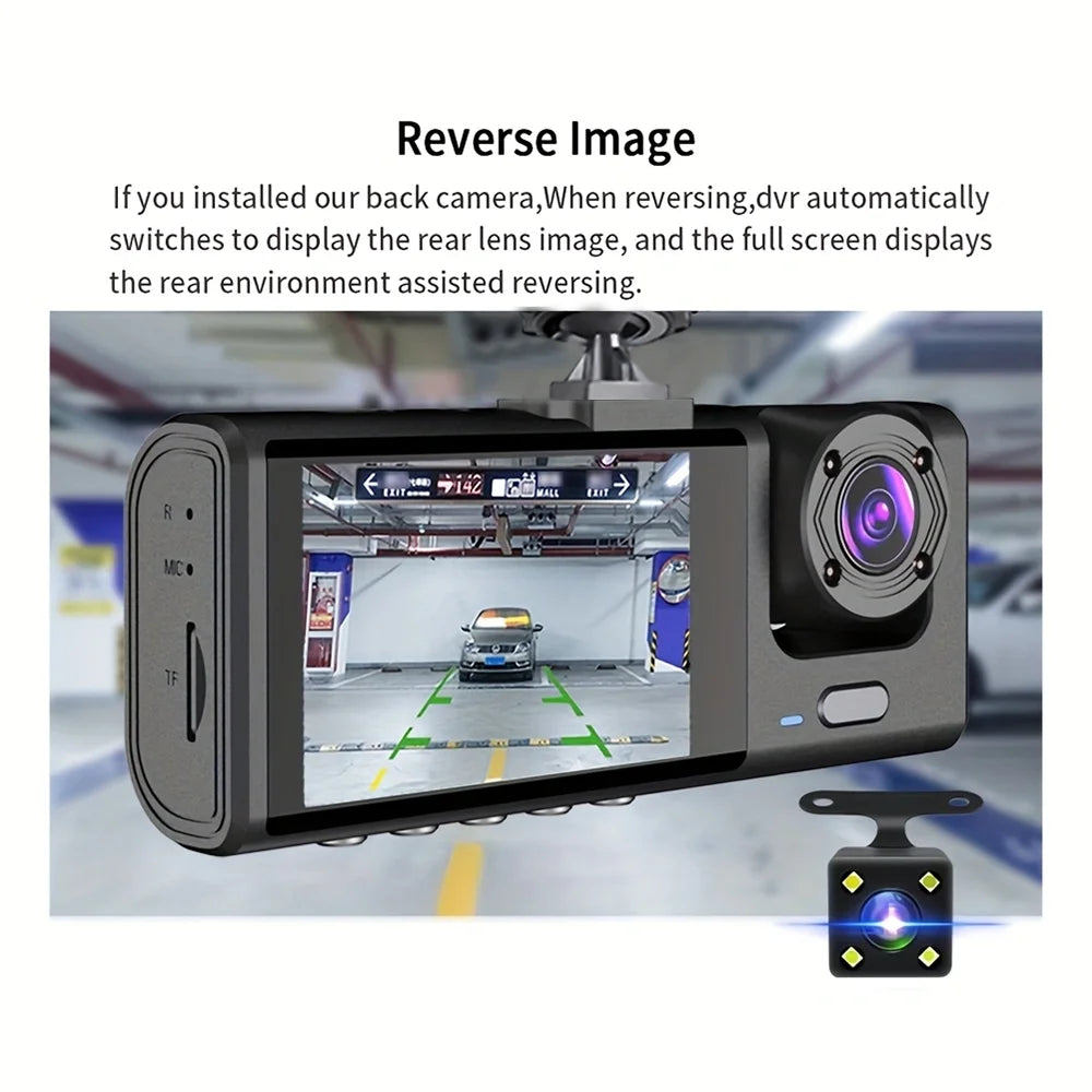 Dashcam 3 Objectifs 1080p – Écran IPS 2", Vision Nocturne IR, G-Sensor, Rétroviseur Intégré – CLEVI Paris