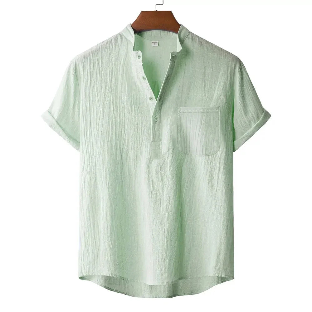 T-Shirt Homme Coton & Lin – Col Henley, Manches Courtes, Style Plage & Vacances