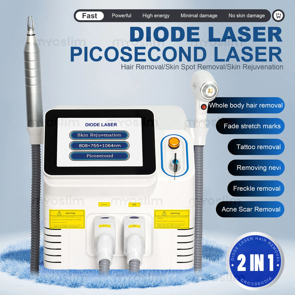 Machine 2-en-1 Épilation Laser Diode 755nm 808nm 1064nm & Picoseconde Tatouage Pigments – CLEVI Paris