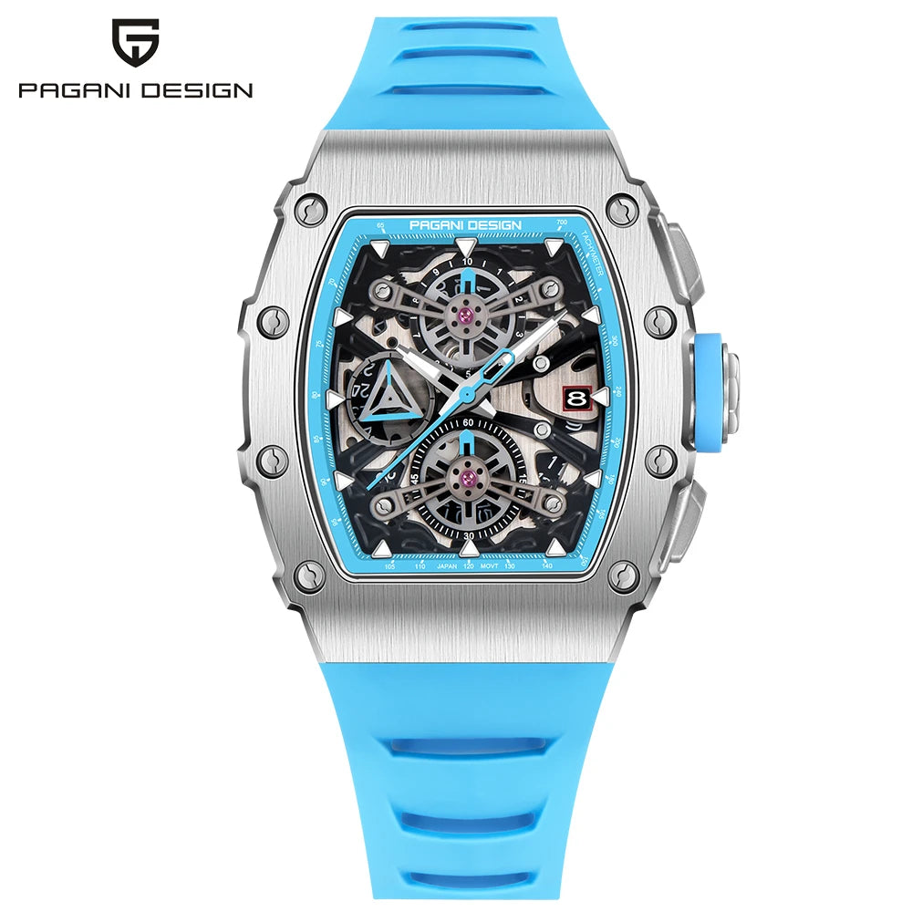 Montre PAGANI DESIGN PD-YS011 – Quartz Chronographe Racing, Verre Saphir, Acier Inoxydable Tonneau, Bracelet Silicone, Étanche 5 ATM – CLEVI Paris