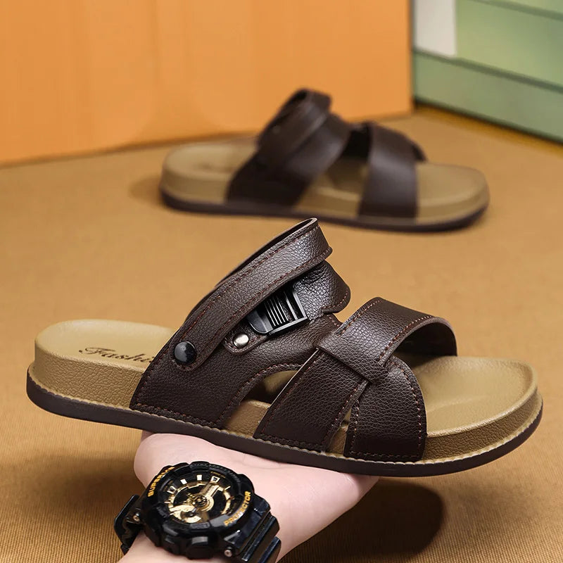 Sandales Homme Été – Cuir Synthétique, Boucle, Antidérapantes, Style Classique | Marron, Noir ou Blanc
