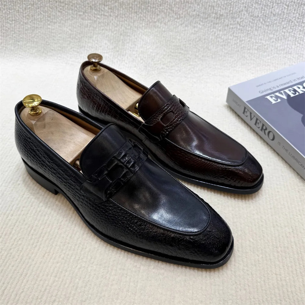 Mocassins Homme Cuir Vache Imprimé Crocodile Double Boucle Slip-On Bout Pointu Mariage Business EU 39-46 Felix Chu – CLEVI Paris