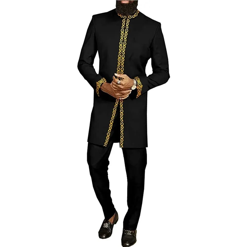 Ensemble Kaftan Homme 2 Pièces Broderie Manches Longues Col Rond + Pantalon Cordon Style Africain Mariage M-4XL – CLEVI Paris