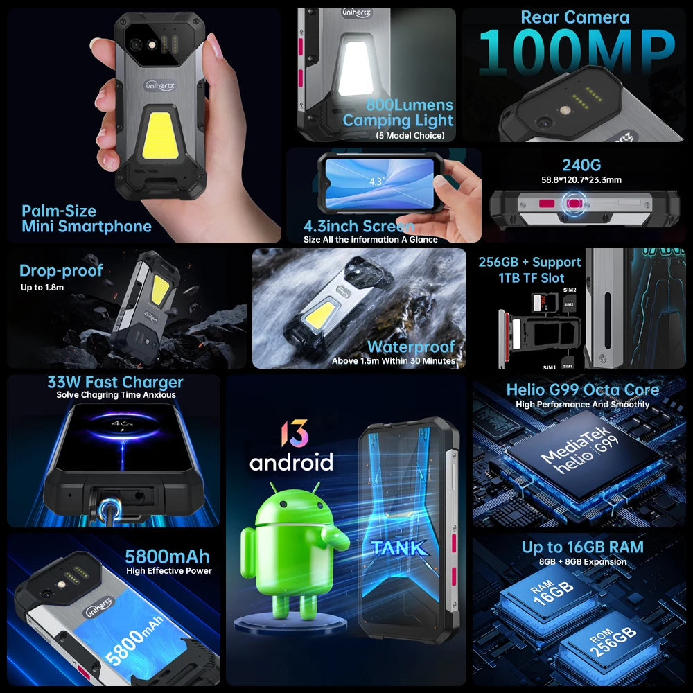 Unihertz 8849 Tank Mini – Smartphone Rugged Compact 4,3" | 100MP | 5800mAh | IP68 | Android 13