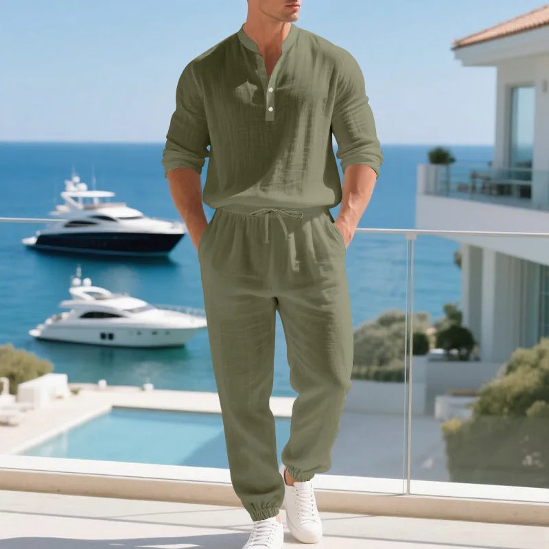 Ensemble 2 Pièces Homme Lin Col Henley Manches Longues + Pantalon Style Casual Américain Automne – CLEVI Paris