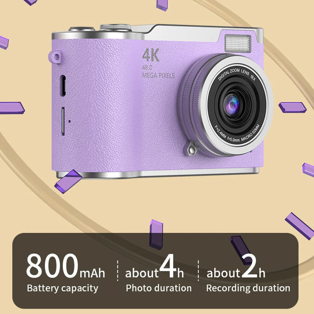 Appareil Photo Numérique CCD 48MP 4K Zoom 8x Écran Selfie 180° | Filtres Beauté Cadeau