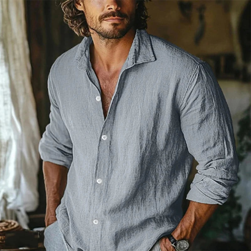 Chemise Lin Homme – Casual Manches Longues, Col Reversé, Coupe Ample