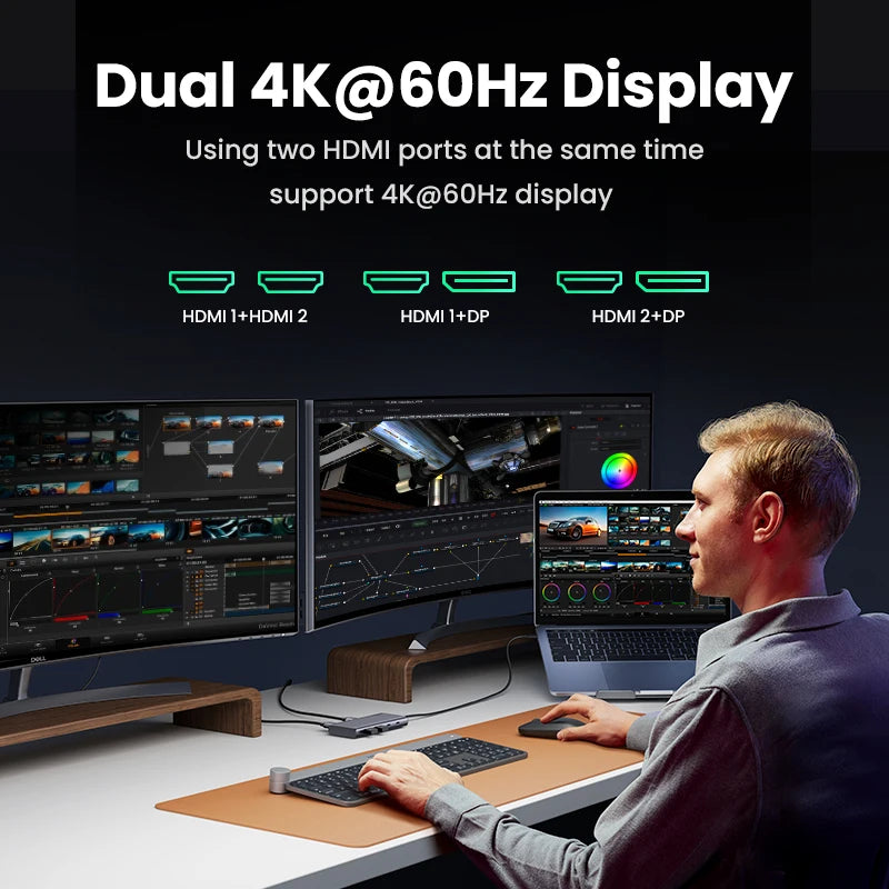 Hub USB-C UGREEN 8-en-1 Triple Écran 4K HDMI DP 10Gbps PD 100W – CLEVI Paris