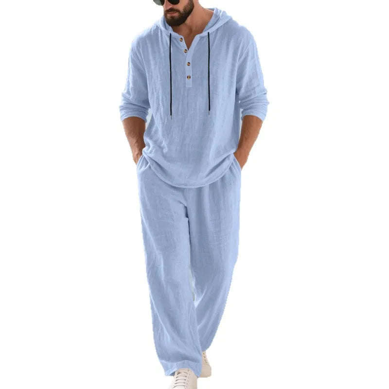 Ensemble Homme Chemise Henley Lin À Capuche Manches Longues + Pantalon Casual Voyage Printemps Automne – CLEVI Paris