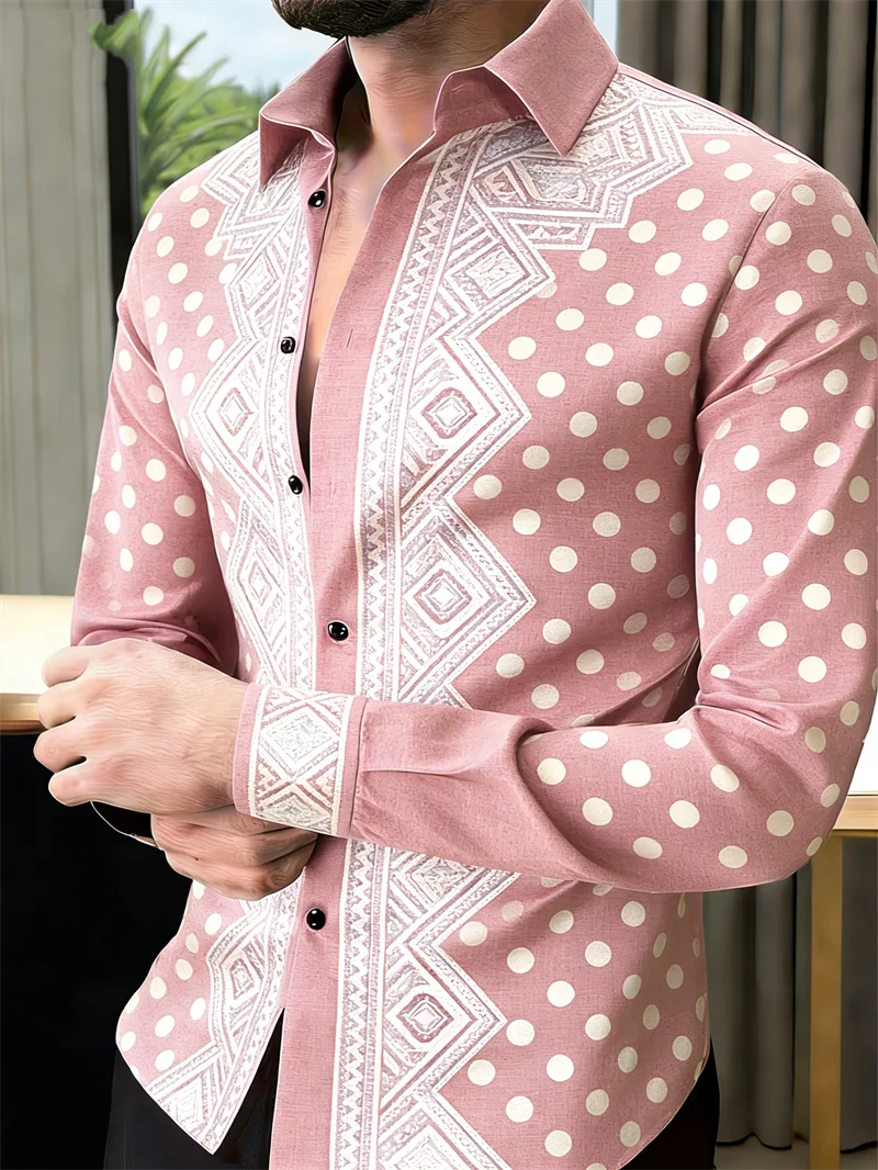 Chemise Homme Manches Longues – Imprimé 3D Luxe & Pois Dorés