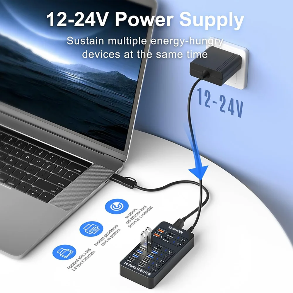Hub USB Alimenté SUNKANDI 14-en-1 LED ON/OFF USB 3.0 2.0 Charge A/C Noir – CLEVI Paris