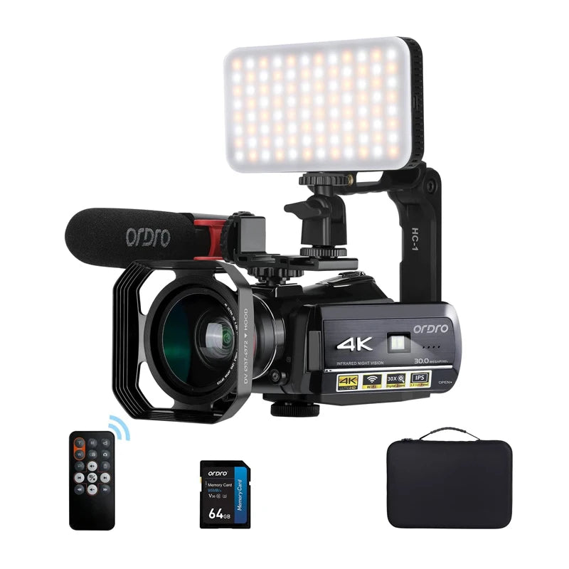 Kit Caméscope Ordro AC3 4K – Vision Nocturne IR, Zoom 30x, Fill-in, Micro, Objectif Grand Angle, Stabilisateur, SD 64 Go – CLEVI Paris