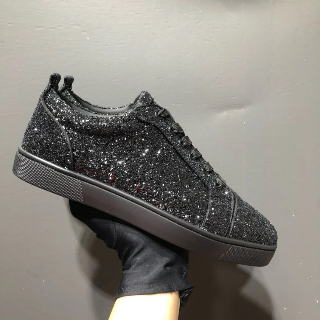 Sneakers Basses Luxe Homme Cuir Glitter Noir Semelle Rouge – CLEVI Paris