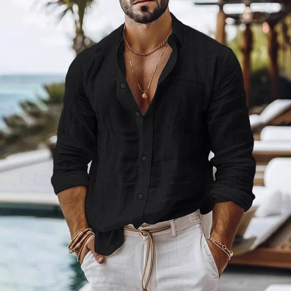 Chemise Homme Coton Lin Manches Longues Col Rabattu Style Casual Plage Respirante – CLEVI Paris