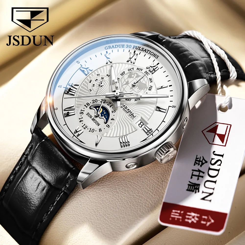 Montre JSDUN 8909 – Automatique, Phase de Lune, Calendrier, Chiffres Romains, Bracelet Cuir, Étanche 5 ATM – CLEVI Paris