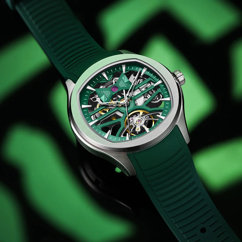Montre Mécanique Homme Squelette Tourbillon – Boîtier Ovale Acier, Aiguilles Lumineuses & 3 Coloris