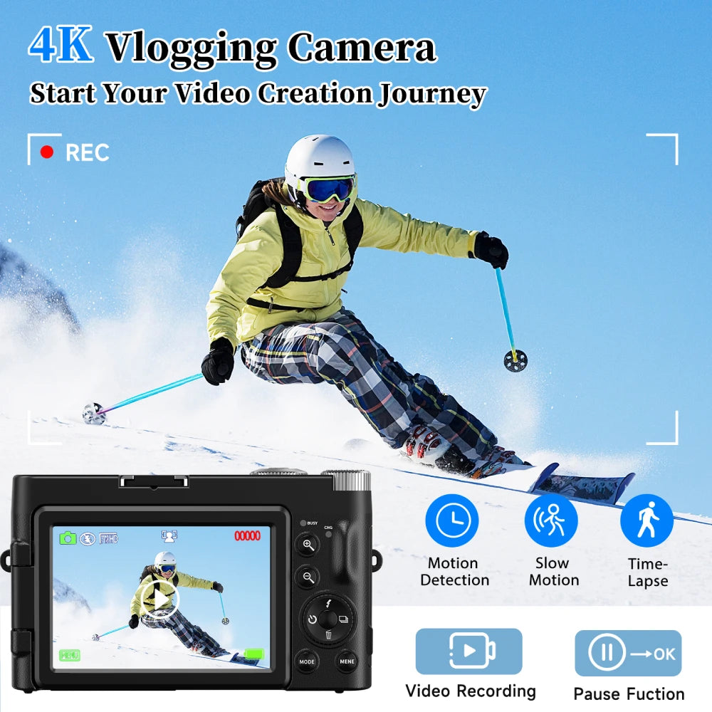 Appareil Photo Compact 4K 48MP MELCAM – Écran 3" Rabattable 180°, Autofocus, Anti-Flou, Flash