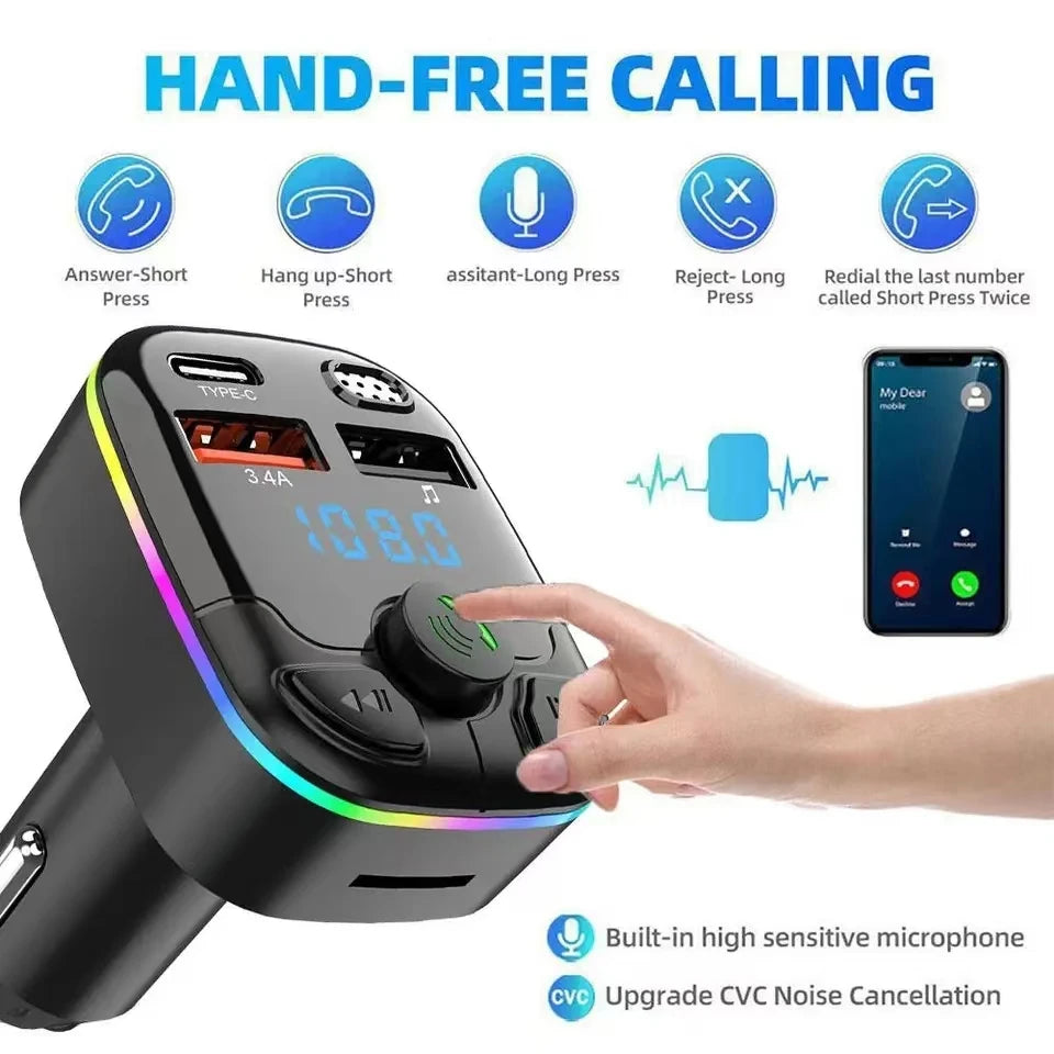 Transmetteur FM Bluetooth 5.0 Voiture – Chargeur USB Type-C & Lecteur MP3