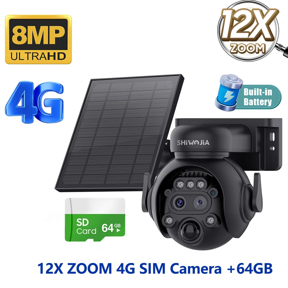 Caméra Solaire Extérieure 8MP 4K Double Objectif Zoom 12x 4G Wi-Fi PIR IP65 – CLEVI Paris