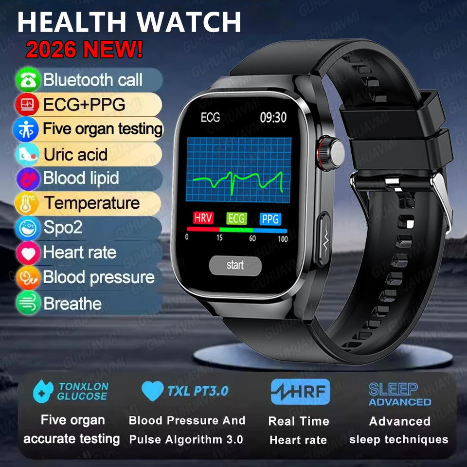 Montre Connectée Santé ECG Acide Urique IMC 5 Organes | AMOLED Verre Saphir IP68