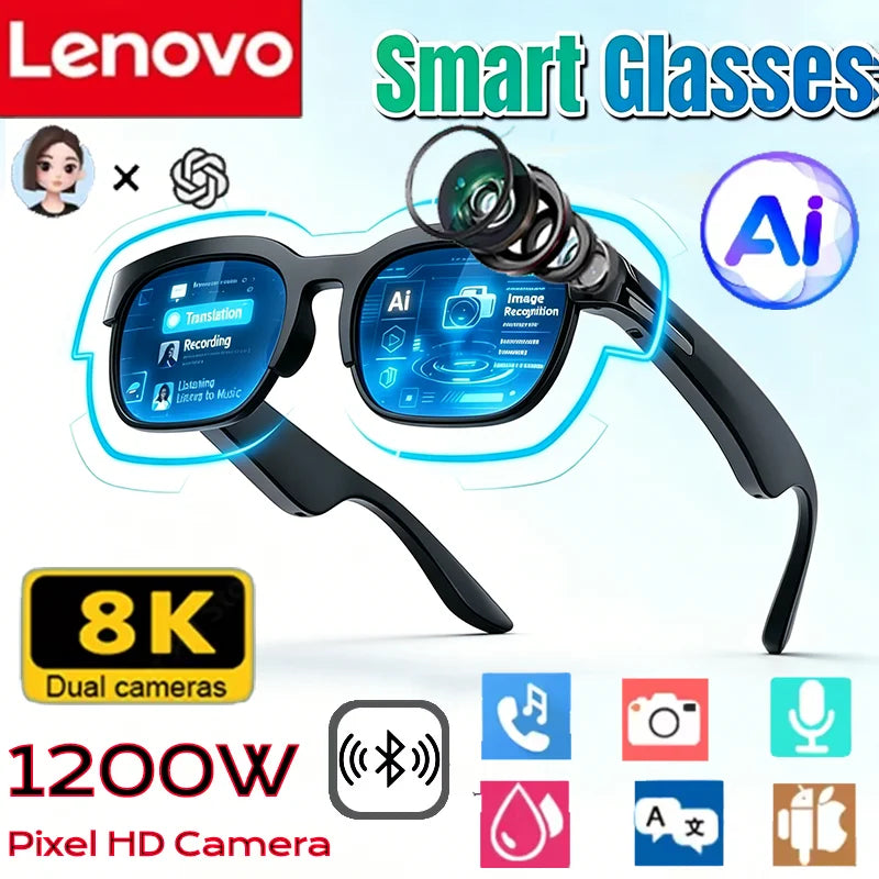 Lunettes Connectées Lenovo IA Traduction Bluetooth Musique & Appels | Noir Blanc Mixte