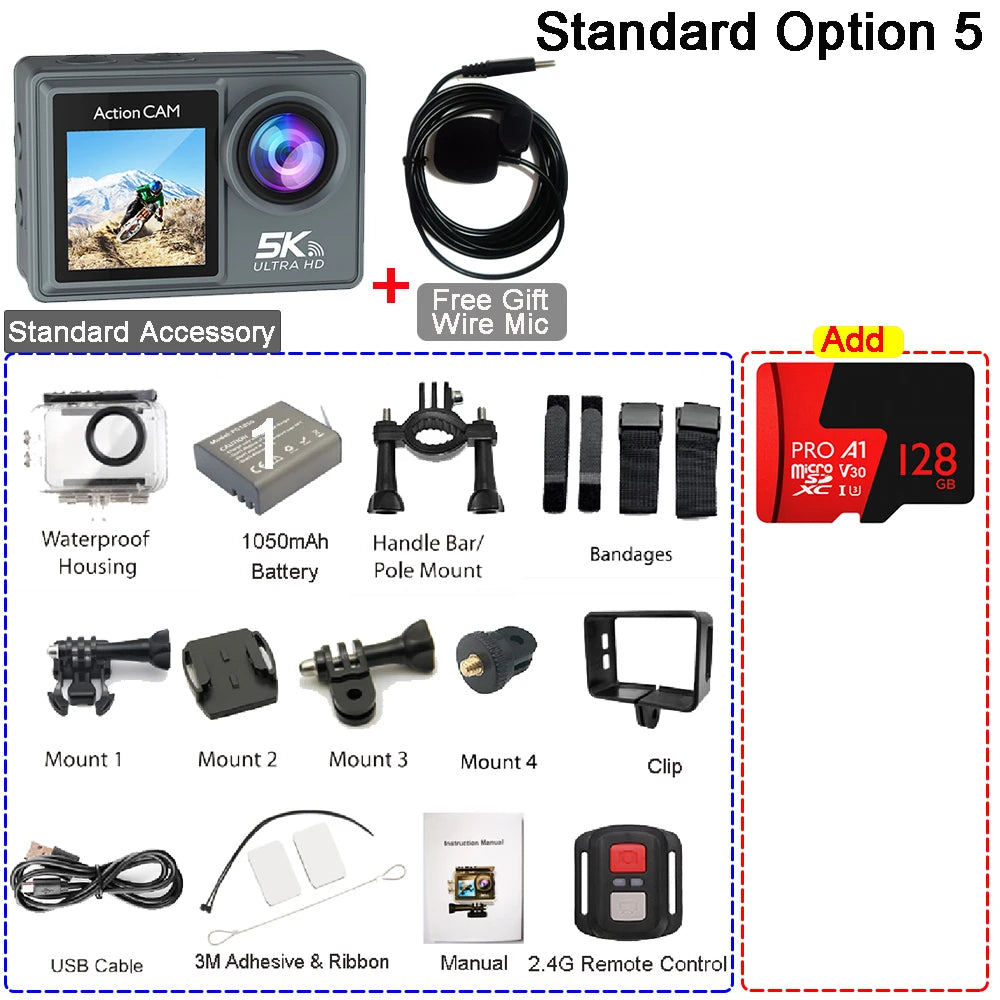 Action Cam HUAFANT M4R 5K 4K60fps – EIS 6 Axes, Grand Angle 170°, Étanche 30m, Micro Sans Fil, Double Écran IPS, WiFi – CLEVI Paris